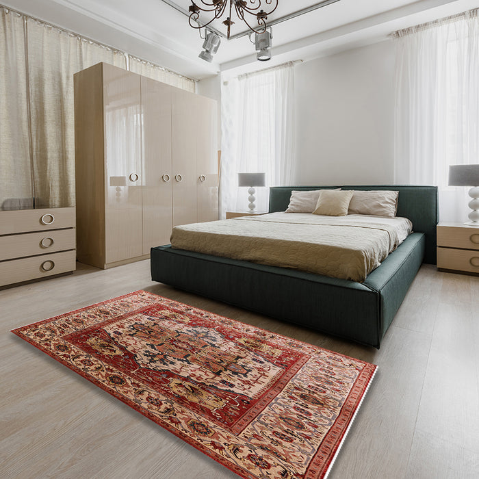 Mid-Century Modern Red Oriental Rug in a Bedroom, urb573