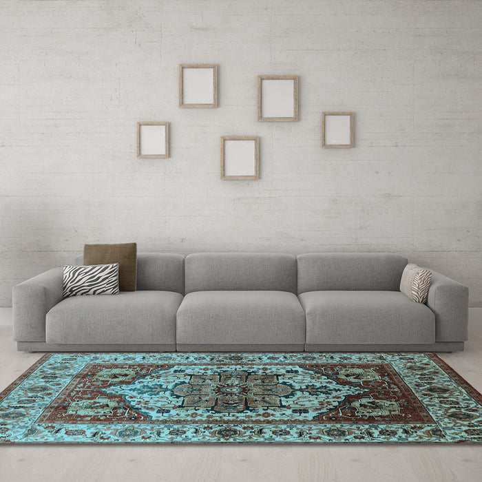 Machine Washable Oriental Light Blue Industrial Rug in a Living Room, wshurb573lblu