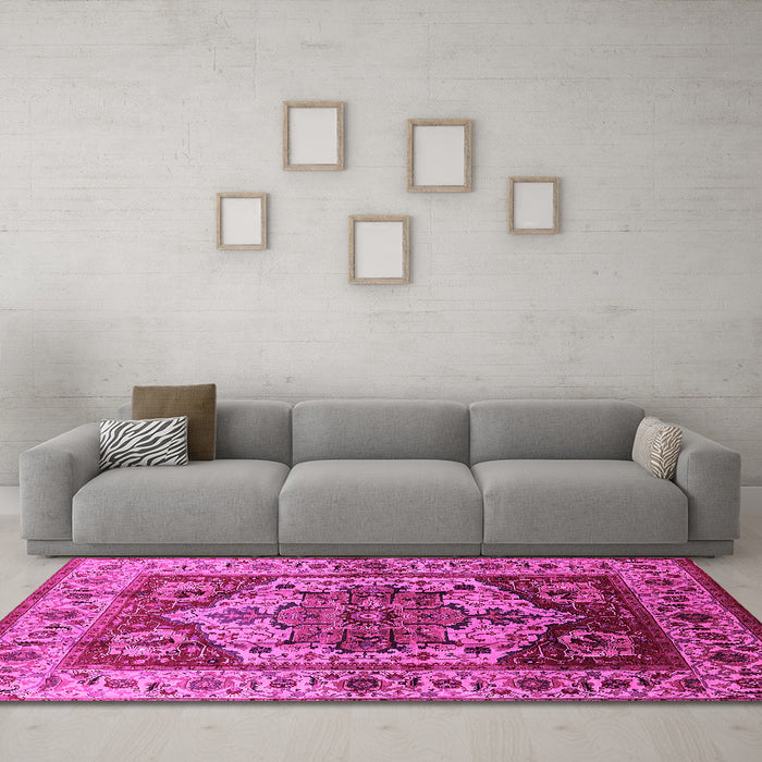 Machine Washable Oriental Pink Industrial Rug in a Living Room, wshurb573pnk
