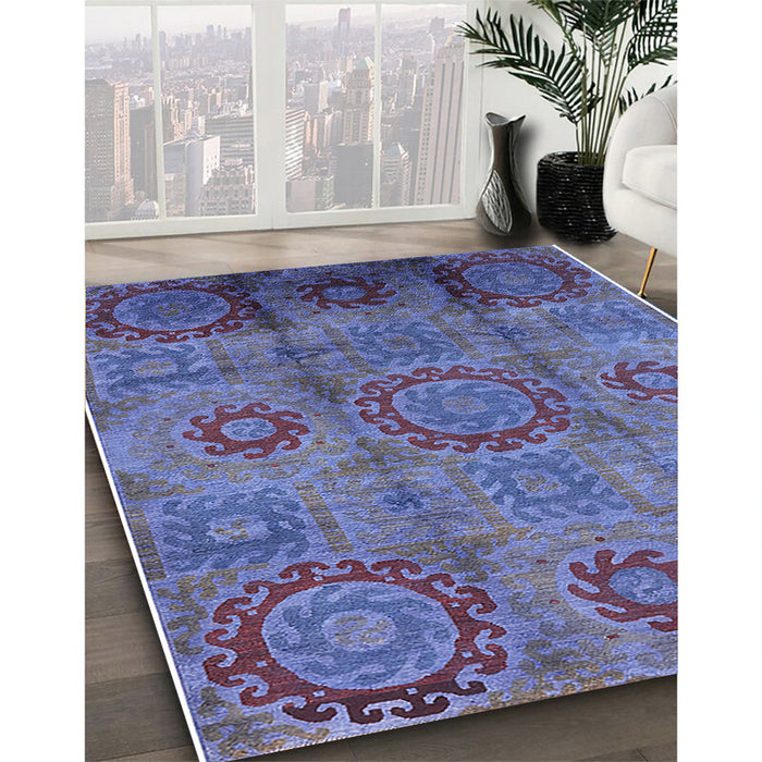Mid-Century Modern Blue Oriental Rug in Family Room, urb574