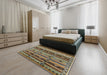 Mid-Century Modern Brown Oriental Rug in a Bedroom, urb575