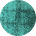 Round Machine Washable Oriental Turquoise Industrial Area Rugs, wshurb578turq