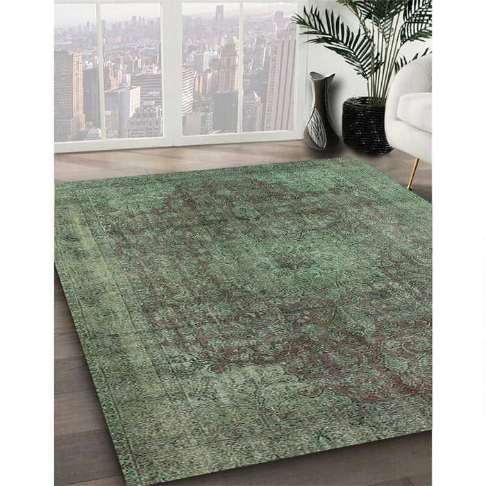 Mid-Century Modern Dark Olive Green Oriental Rug in Family Room, urb587