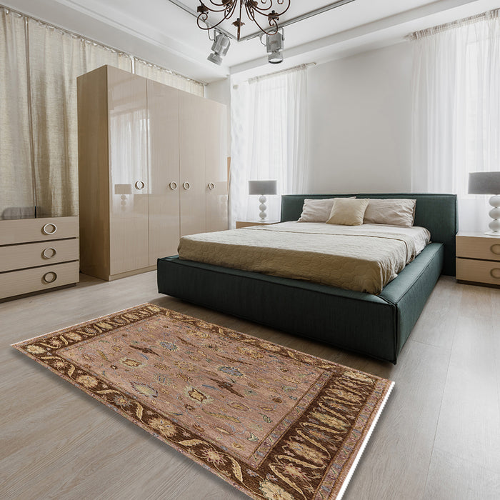 Mid-Century Modern Brown Oriental Rug in a Bedroom, urb590