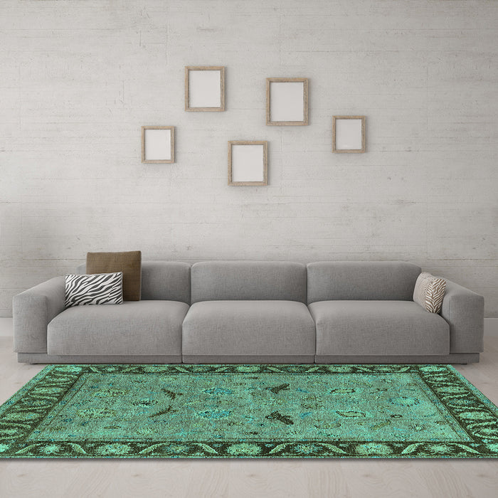 Machine Washable Oriental Turquoise Industrial Area Rugs in a Living Room,, wshurb590turq