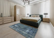 Mid-Century Modern Cadet Blue Green Oriental Rug in a Bedroom, urb592