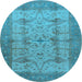 Round Machine Washable Oriental Light Blue Industrial Rug, wshurb593lblu