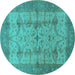 Round Machine Washable Oriental Turquoise Industrial Area Rugs, wshurb593turq