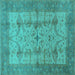 Square Machine Washable Oriental Turquoise Industrial Area Rugs, wshurb593turq