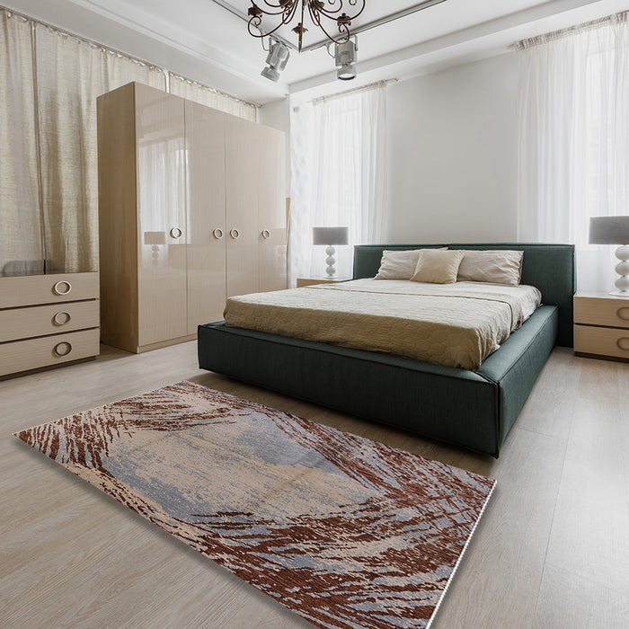 Mid-Century Modern Reddish Brown Oriental Rug in a Bedroom, urb596