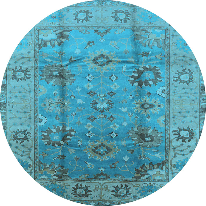 Round Machine Washable Oriental Light Blue Traditional Rug, wshurb601lblu