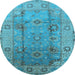 Round Machine Washable Oriental Light Blue Traditional Rug, wshurb601lblu