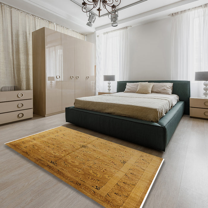 Mid-Century Modern Dark Orange Oriental Rug in a Bedroom, urb603