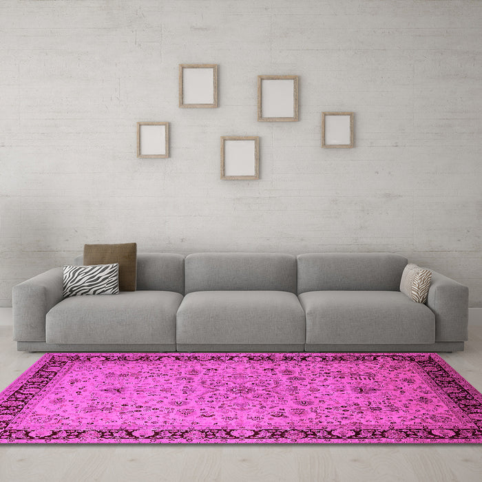 Machine Washable Oriental Pink Traditional Rug in a Living Room, wshurb604pnk