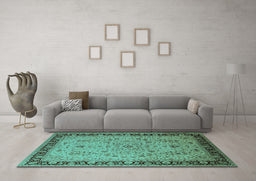 Machine Washable Oriental Turquoise Traditional Area Rugs in a Living Room,, wshurb604turq
