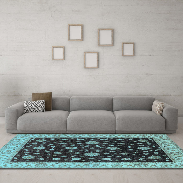 Machine Washable Oriental Light Blue Traditional Rug in a Living Room, wshurb605lblu