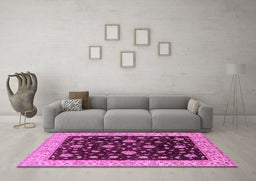 Machine Washable Oriental Pink Traditional Rug in a Living Room, wshurb605pnk