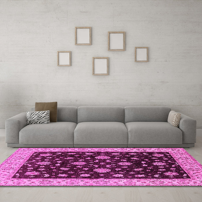 Machine Washable Oriental Pink Traditional Rug in a Living Room, wshurb605pnk