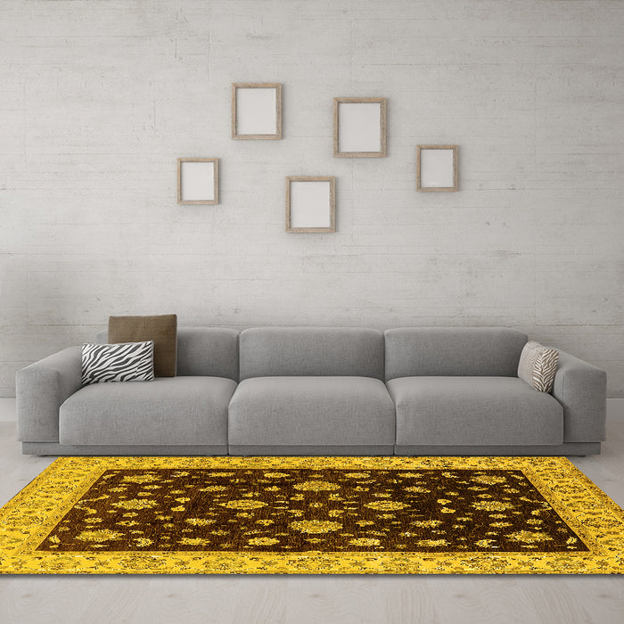 Machine Washable Oriental Yellow Traditional Rug in a Living Room, wshurb605yw