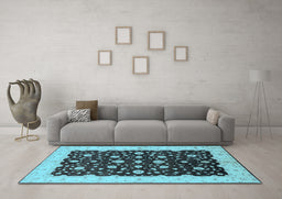 Machine Washable Oriental Light Blue Traditional Rug in a Living Room, wshurb606lblu
