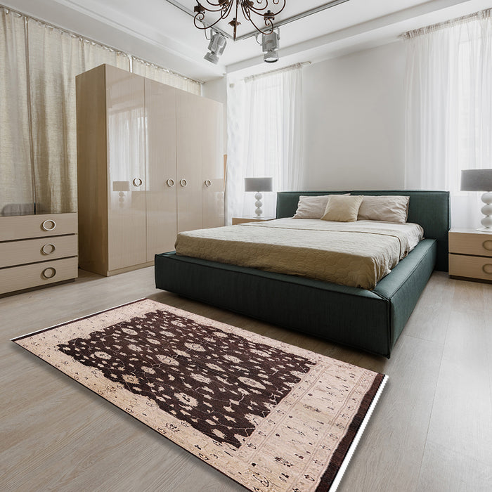 Mid-Century Modern Bakers Brown Oriental Rug in a Bedroom, urb606