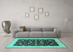 Machine Washable Oriental Turquoise Traditional Area Rugs in a Living Room,, wshurb606turq