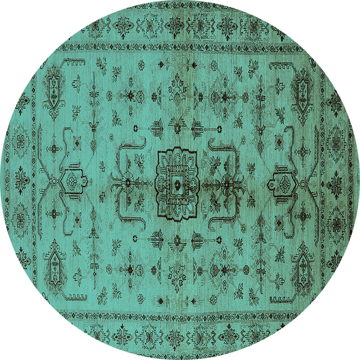 Round Machine Washable Oriental Turquoise Traditional Area Rugs, wshurb607turq