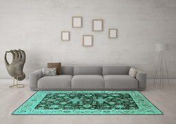 Machine Washable Oriental Turquoise Traditional Area Rugs in a Living Room,, wshurb608turq