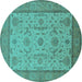 Round Machine Washable Oriental Turquoise Traditional Area Rugs, wshurb609turq