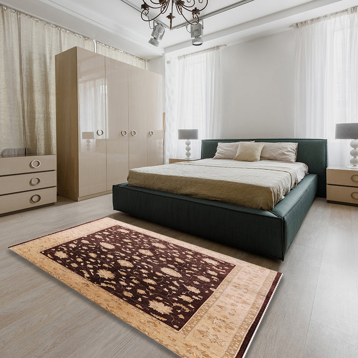 Machine Washable Industrial Modern Red Brown Rug in a Bedroom, wshurb611