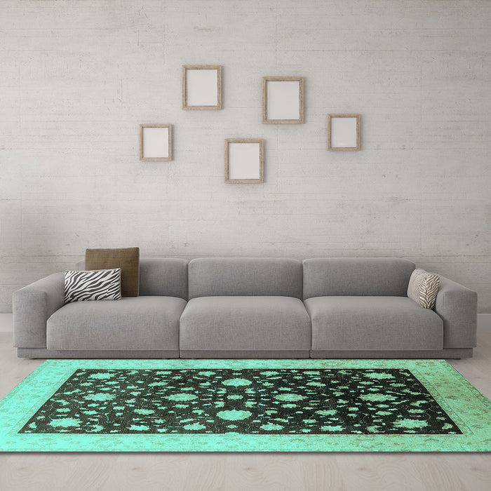 Machine Washable Oriental Turquoise Traditional Area Rugs in a Living Room,, wshurb611turq