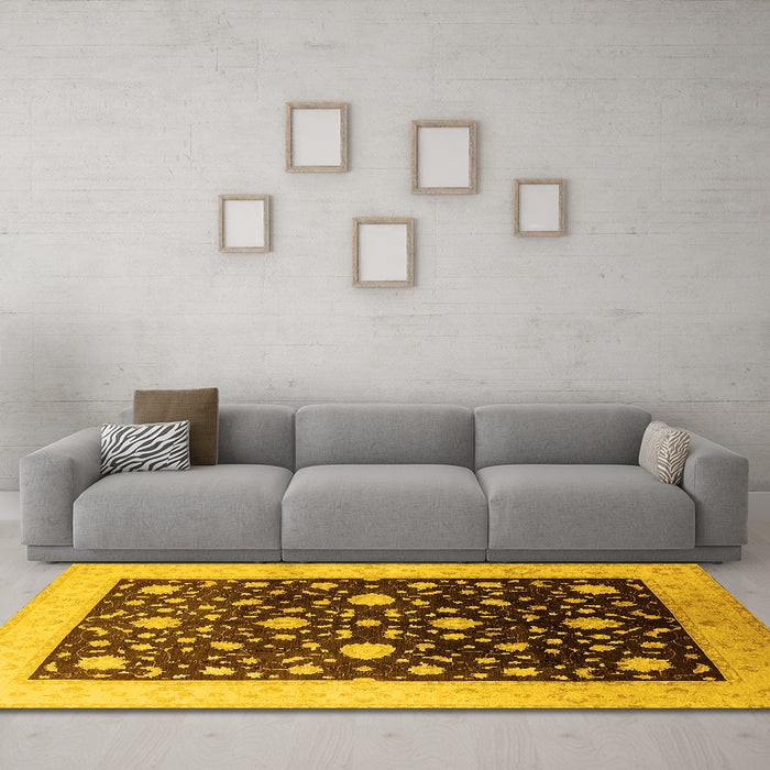 Machine Washable Oriental Yellow Traditional Rug in a Living Room, wshurb611yw