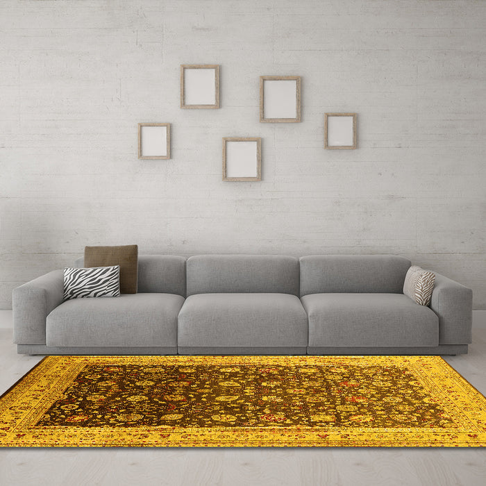 Machine Washable Oriental Yellow Traditional Rug in a Living Room, wshurb612yw