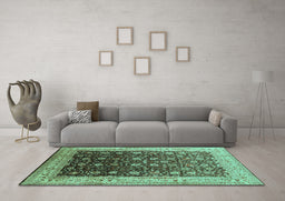 Machine Washable Oriental Turquoise Traditional Area Rugs in a Living Room,, wshurb612turq