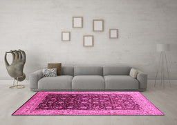 Machine Washable Oriental Pink Traditional Rug in a Living Room, wshurb612pnk