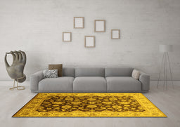 Machine Washable Oriental Yellow Traditional Rug in a Living Room, wshurb613yw