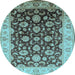 Round Machine Washable Oriental Light Blue Traditional Rug, wshurb613lblu