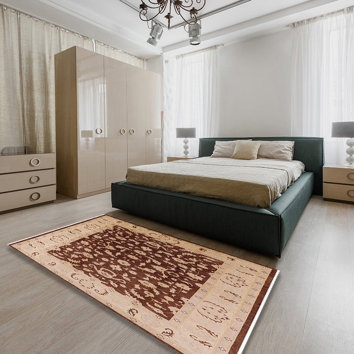 Mid-Century Modern Dark Sienna Brown Oriental Rug in a Bedroom, urb614