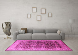 Machine Washable Oriental Pink Traditional Rug in a Living Room, wshurb616pnk