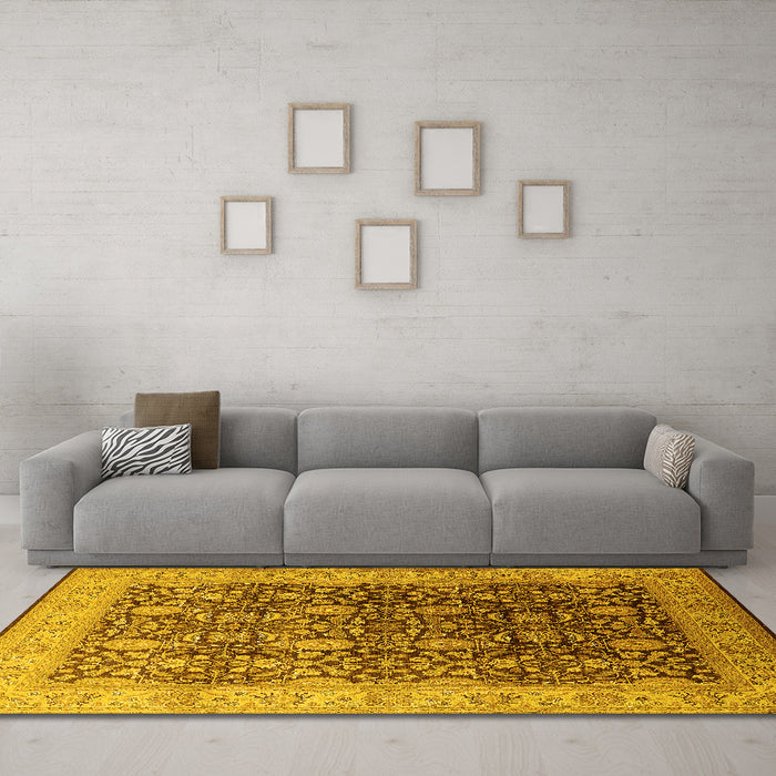 Machine Washable Oriental Yellow Traditional Rug in a Living Room, wshurb616yw