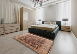 Mid-Century Modern Dark Sienna Brown Oriental Rug in a Bedroom, urb616