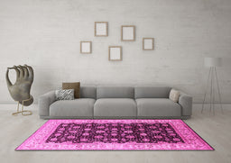 Machine Washable Oriental Pink Traditional Rug in a Living Room, wshurb617pnk
