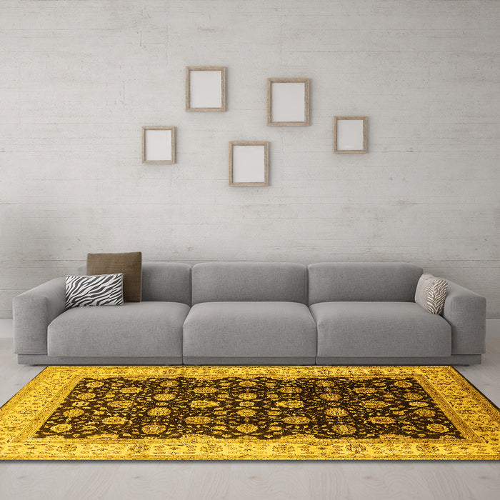 Machine Washable Oriental Yellow Traditional Rug in a Living Room, wshurb617yw