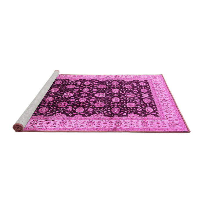Sideview of Machine Washable Oriental Pink Traditional Rug, wshurb617pnk