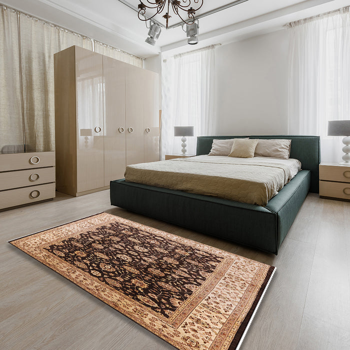 Mid-Century Modern Red Brown Oriental Rug in a Bedroom, urb617