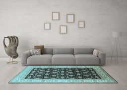Machine Washable Oriental Light Blue Traditional Rug in a Living Room, wshurb617lblu