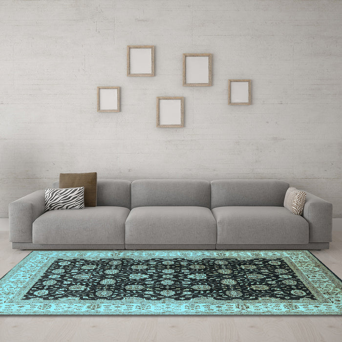 Machine Washable Oriental Light Blue Traditional Rug in a Living Room, wshurb617lblu