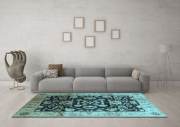 Machine Washable Oriental Light Blue Traditional Rug in a Living Room, wshurb618lblu