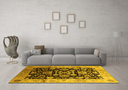 Machine Washable Oriental Yellow Traditional Rug in a Living Room, wshurb618yw