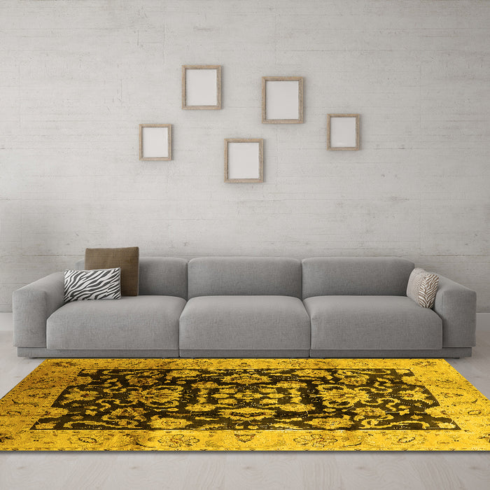 Machine Washable Oriental Yellow Traditional Rug in a Living Room, wshurb618yw